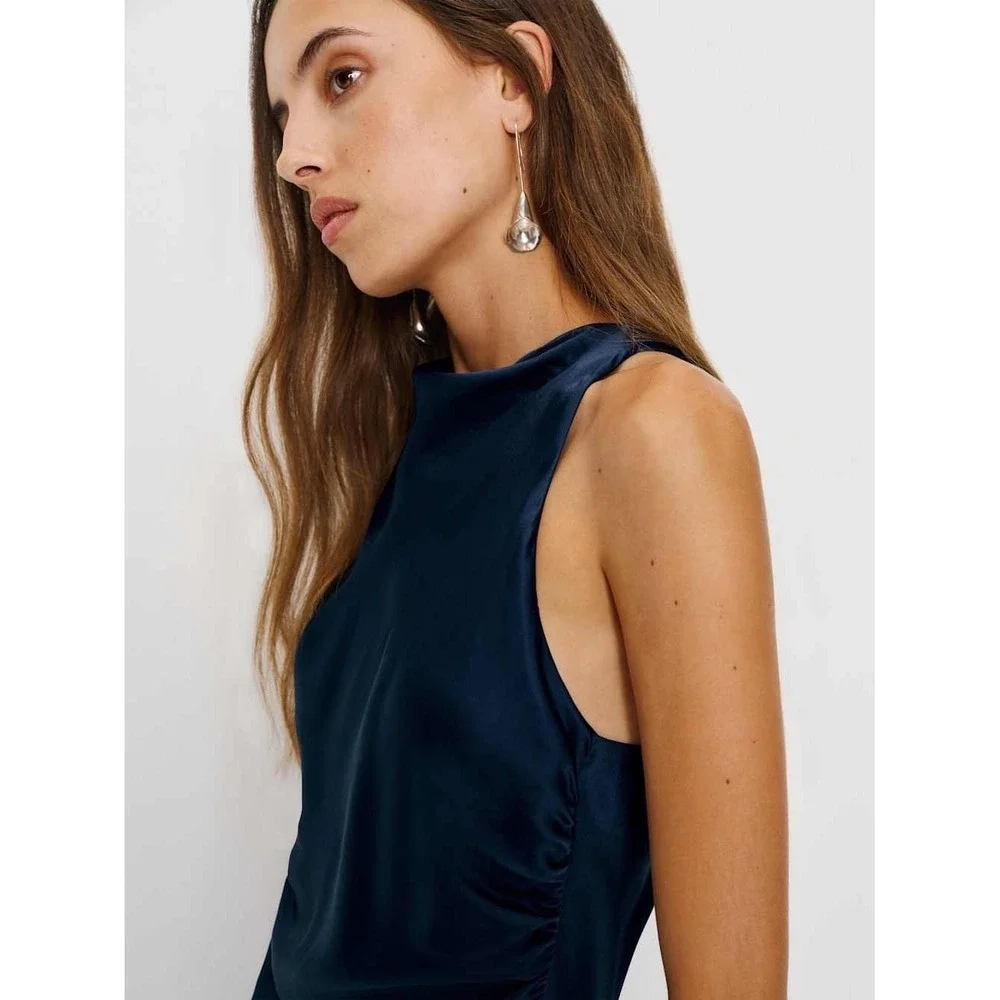 Reformation Anais Silk Maxi Dress Navy Blue Open Back High Neck Formal Gown NEW - Picture 2 of 7